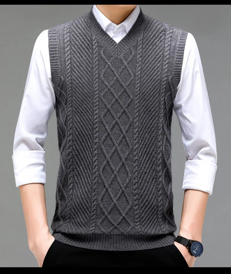 Stylish V-neck Jacquard Knit Sleeveless Sweater Vest for Men Middle-aged Men Fashion Solid Color Warm Top