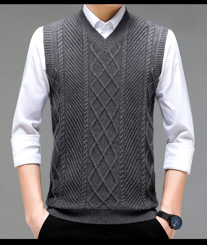 Stylish V-neck Jacquard Knit Sleeveless Sweater Vest for Men Middle-aged Men Fashion Solid Color Warm Top