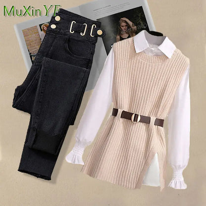 2026 Spring New Korean Elegant in Matching Set Women's Fashion Knitted Vest+ Shirt+ Jeans Three Piece Female Chic Denim Pants Suit
