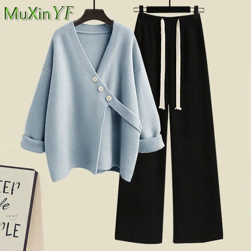 Women's Spring Autumn New Casual Matching Set Korean Elegant Irregular Knit Sweater+ Loose Wide Leg Pants Two Piece Female Suit