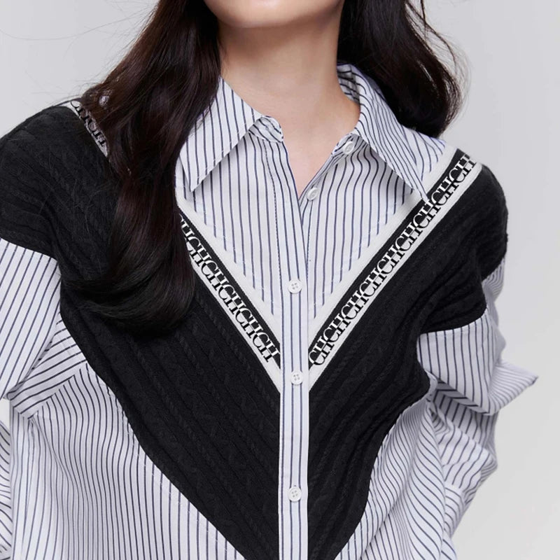Women's Shirt High-End and Elegant Commuting Office Women's Shirt with Patchwork Stripes Loose Casual Ladies Fashion Shirts