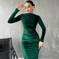BWQ 2026 Spring Summer Velvet Long Sleeve Midi Dress For Women Ruched Long Dress Elegant Party Clothes Evening Green Outfits