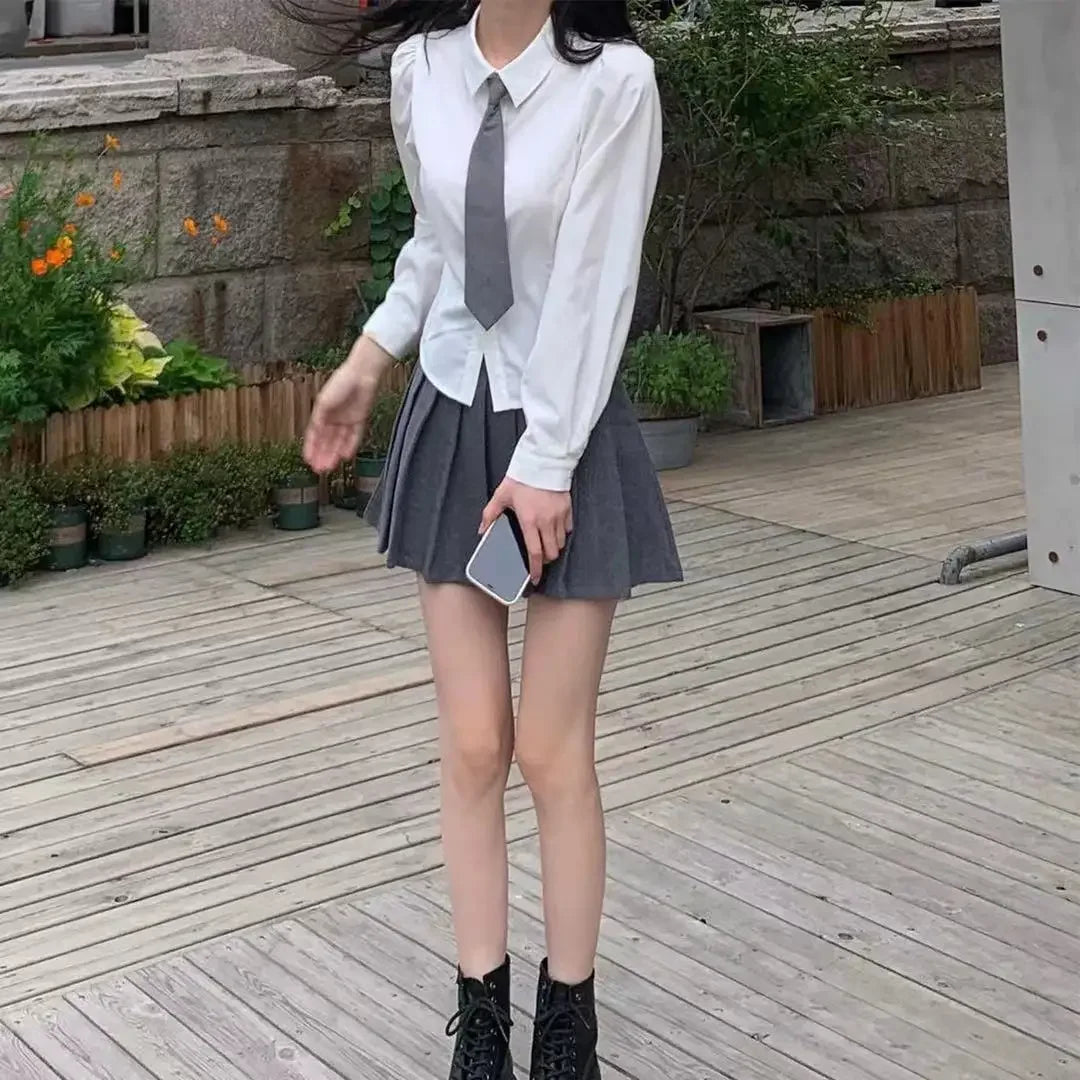 Preppy Bandage Basic White Shirt Women Slim Long Sleeve Cute Top School Uniform Button Down Shirts Blouse Female Polo Neck Lady