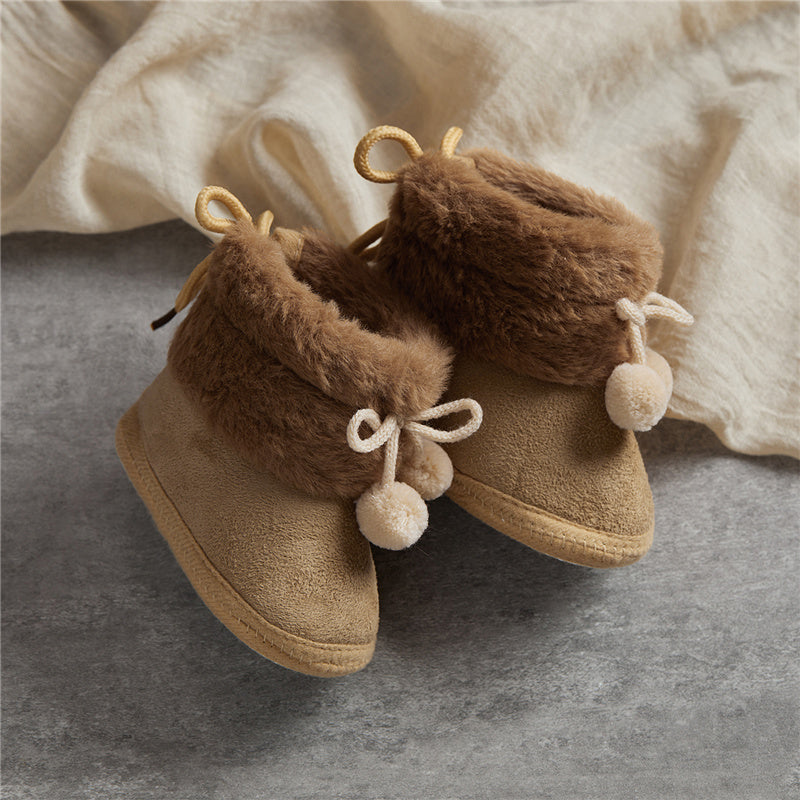 Suefunskry Toddler Baby Girls Boys Boots Winter Warm Soft Sole Fluffy Lace up Boots Cute Plush Pom Decoration Non Slip Shoes