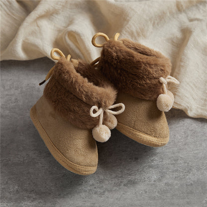 Suefunskry Toddler Baby Girls Boys Boots Winter Warm Soft Sole Fluffy Lace up Boots Cute Plush Pom Decoration Non Slip Shoes