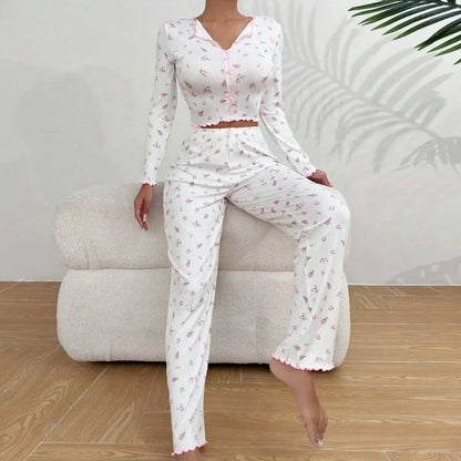 Women Sleepwear Autumn Winter Floral Print Pajamas Set Long Sleeve Top and Long Pants 2 Piece Casual Home wear Loungewear