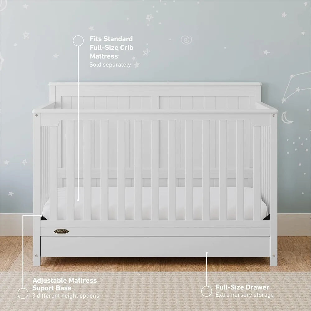 Hadley 5-in-1 Convertible Crib with Drawer (White) – GREENGUARD Gold Certified, Crib with Drawer Combo
