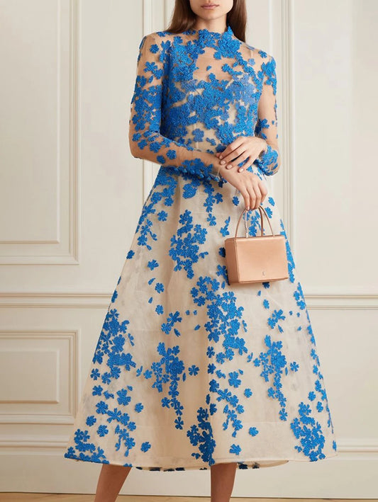 Elegant Women Dress Long Sleeve Cinch Waist Floral Appliques Pleated A-Line Retro Casual Party Wedding Guest Midi Dress 2025