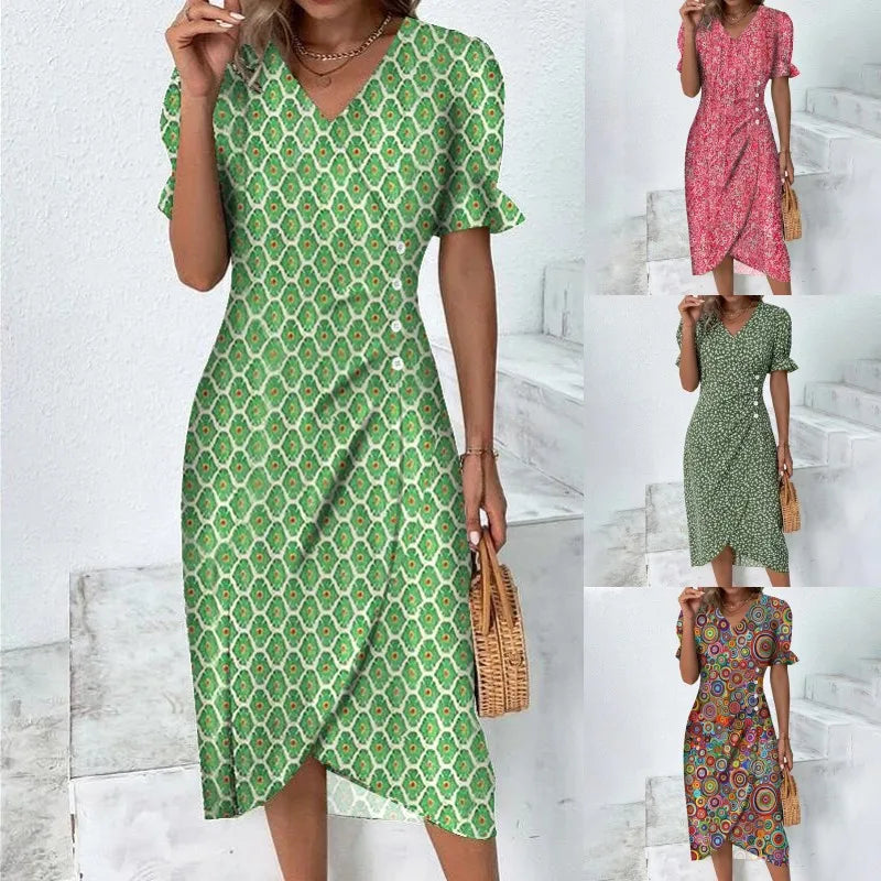 Elegant Ladies Midi Dress Geometric Button Split Dress Платья Vestidos Medievales Para Mujer De Verano Elbiseler Jurken Dames