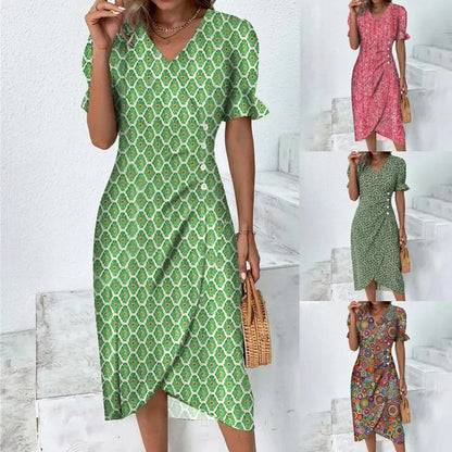 Elegant Ladies Midi Dress Geometric Button Split Dress Платья Vestidos Medievales Para Mujer De Verano Elbiseler Jurken Dames