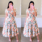 Elegant Women's Off Shoulder Midi Dress 2025 Summer Fashion dresses High Waist Flower Print Short  Sleeve Dress Robe Clothing