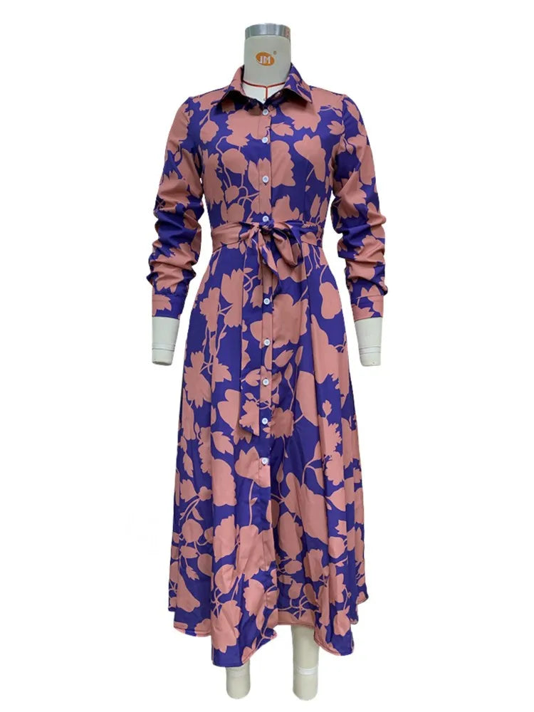 2025 Spring New Women's Fashion Style Printed Sexy Waist Strap Mid Length Single Breasted Long Sleeve Collar Dress
