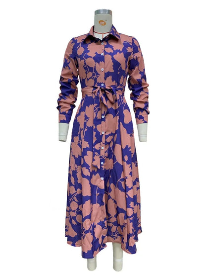 2025 Spring New Women's Fashion Style Printed Sexy Waist Strap Mid Length Single Breasted Long Sleeve Collar Dress