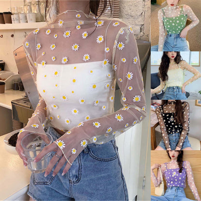 Women Daisy Print Lace Sheer Tops Sexy Tees Long Sleeve Thin Mesh Shirts Fashion Ladies Top 2026 Summer Sunscreen Blouse