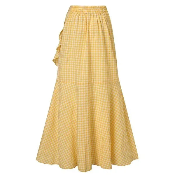 Spring Autumn Women Long Skirt High Waist Lace-up Ruffle Trim Plaid Print Bow Tie Irregular Hem Maxi Skirt Female 2026 New