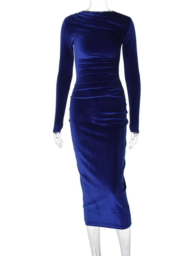 BWQ 2026 Spring Summer Velvet Long Sleeve Midi Dress For Women Ruched Long Dress Elegant Party Clothes Evening Green Outfits