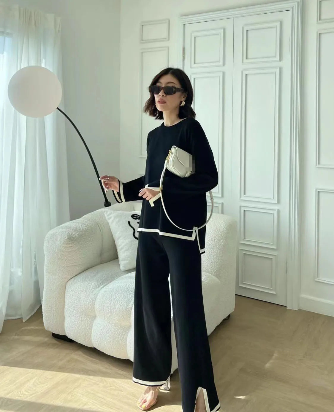 Autumn Women's Clothing Fashion Set Contrasting Color Split Long Sleeved Knitted Shirt High Waist Wide Leg Pants Two-piece Set