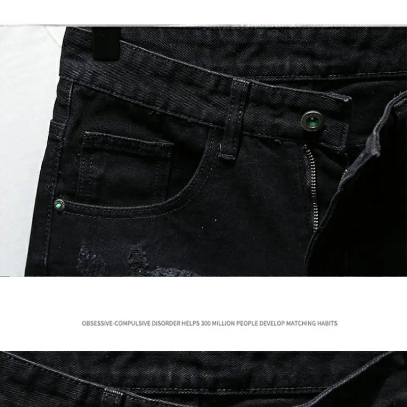 Fashion Summer New Casual Denim Jeans Knee Length Shorts for Men Black Cowboy Low Rise Ripped Holes Boyfriend Men's Denim Shorts