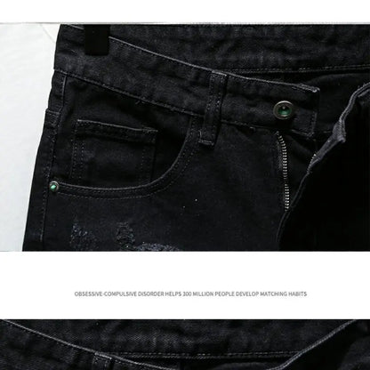 Fashion Summer New Casual Denim Jeans Knee Length Shorts for Men Black Cowboy Low Rise Ripped Holes Boyfriend Men's Denim Shorts