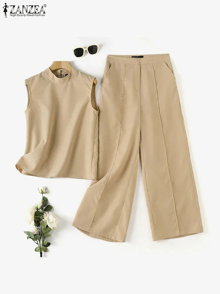 Elegant Chic Women 2-Pieces Sets ZANZEA Woman 2026 Trouser Suits Fashion 2pcs Outfits Tank Top and Wide Leg Pant Suits Oversize