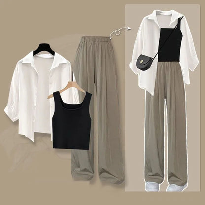 2026 Summer New Fashion Tracksuit Matching Set Women's Elegant White Sunscreen Shirt+ Vest+ Casual Wide Leg Pants 3-Piece Suit