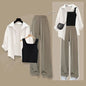 2026 Summer New Fashion Tracksuit Matching Set Women's Elegant White Sunscreen Shirt+ Vest+ Casual Wide Leg Pants 3-Piece Suit