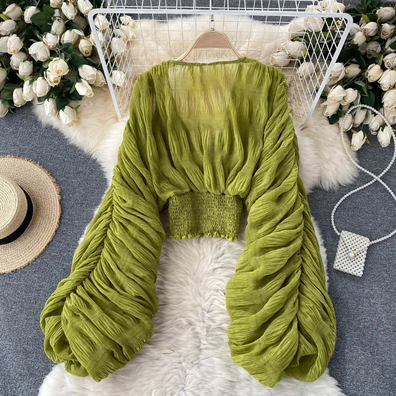 Women Sexy Chiffon Short Blouse Female See Through Super Long Sleeve Purple/Green/Black/White Folds Party Tops 2026 New