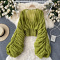 Women Sexy Chiffon Short Blouse Female See Through Super Long Sleeve Purple/Green/Black/White Folds Party Tops 2026 New