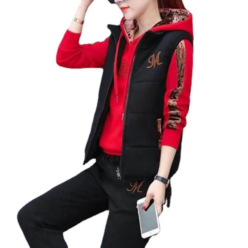 3Pcs/Set Simple Waistcoat Hoodie Pants Patchwork Color Women Tracksuit Multi Pockets Cold Resistant
