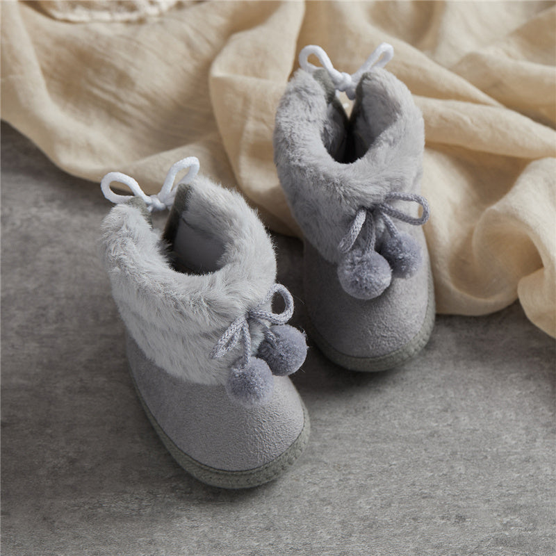 Suefunskry Toddler Baby Girls Boys Boots Winter Warm Soft Sole Fluffy Lace up Boots Cute Plush Pom Decoration Non Slip Shoes