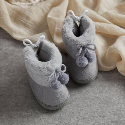 Suefunskry Toddler Baby Girls Boys Boots Winter Warm Soft Sole Fluffy Lace up Boots Cute Plush Pom Decoration Non Slip Shoes