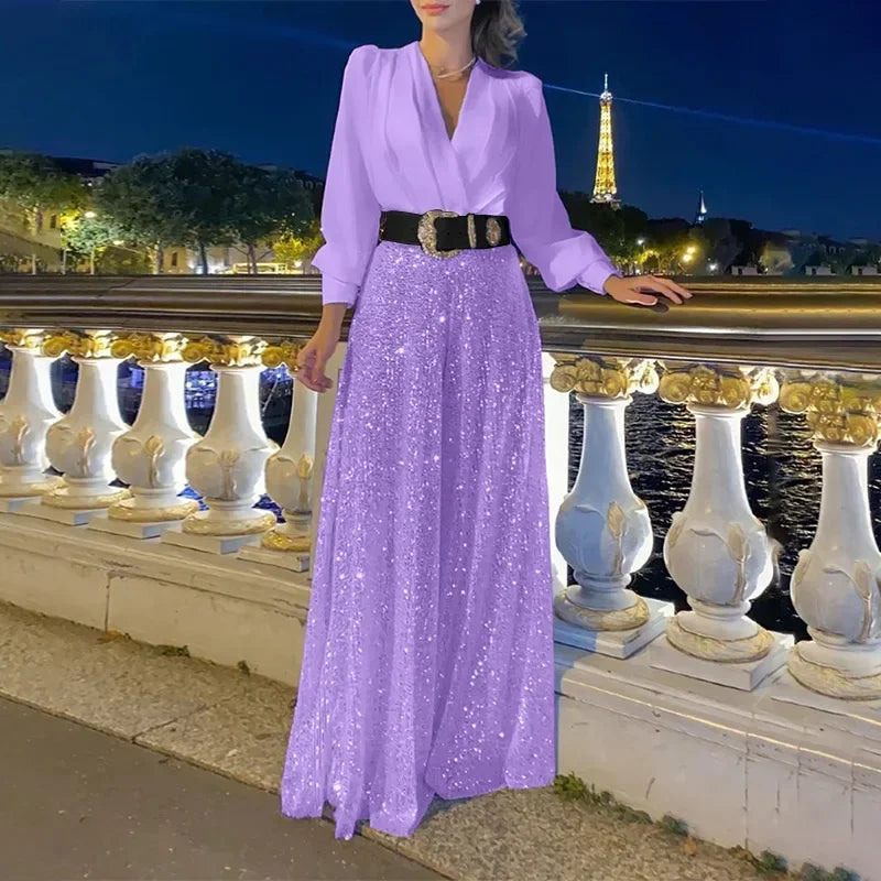 BWQ Splice Sequins Maxi Dresses For Women Fashion Folds Loose V Neck Elegant Dress Femme Party Evening Dresses Luxury 2026