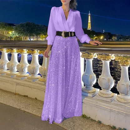BWQ Splice Sequins Maxi Dresses For Women Fashion Folds Loose V Neck Elegant Dress Femme Party Evening Dresses Luxury 2026