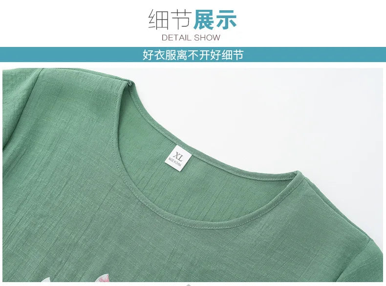 Summer Women Clothing Middle Aged Mother Short Sleeved Cotton Linen Sleepwear Set Printed Large Size Grandma Pajamas Suit 4XL