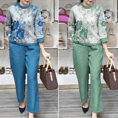 Summer Sets Large Silk Wide Leg Trouser Set Women's Spring 2026 New Print Silk Fashion Slim Two Piece Set Female Elegant