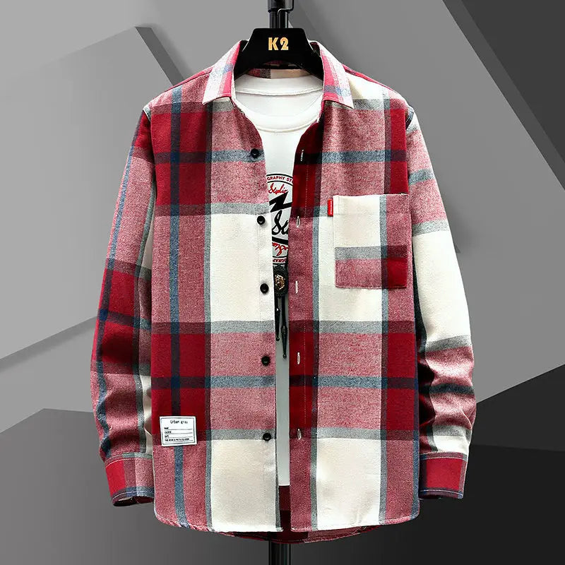 2025 Spring and Autumn Men's Lapel Loose Plaid Button Printed Pocket Casual Fashion Elegant Commuting Long sleeved Shirt