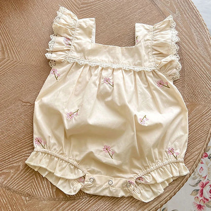 Newborn Baby Girls Jumpsuit Flying Sleeve Cotton Flower Embroidery Toddler Baby Girl Bodysuits Baby Girls Clothes For Summer