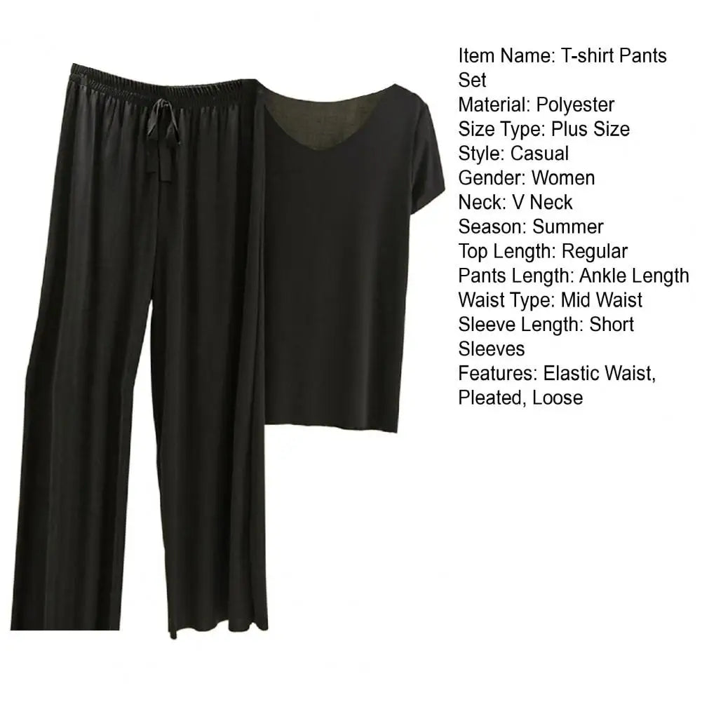2 Pcs/Set Women T-shirt Pants Set Pleated Wide Leg V Neck Short Sleeves Loose Home wear Pullover Thin Summer Top Trousers Set