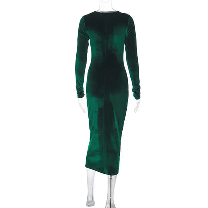 BWQ 2026 Spring Summer Velvet Long Sleeve Midi Dress For Women Ruched Long Dress Elegant Party Clothes Evening Green Outfits