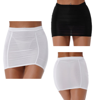 Sexy Womens Mid Waist Stretchy Shirring Bodycon Miniskirt Ladies Elastic Waistband Summer Mini Skirt for Nightclub Party