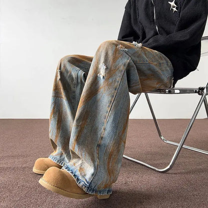 Men's trousers summer thin tie-dyed ripped jeans men's loose straight washed distressed high street American men's trousers