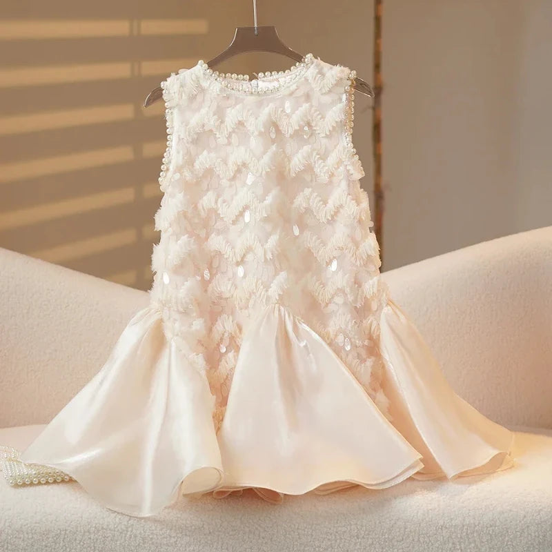 2025 Girls New High-end Dress Costumes Formal Clothes Beige Summer Matching Clothes White Short Sleeves Princess Party Wedding