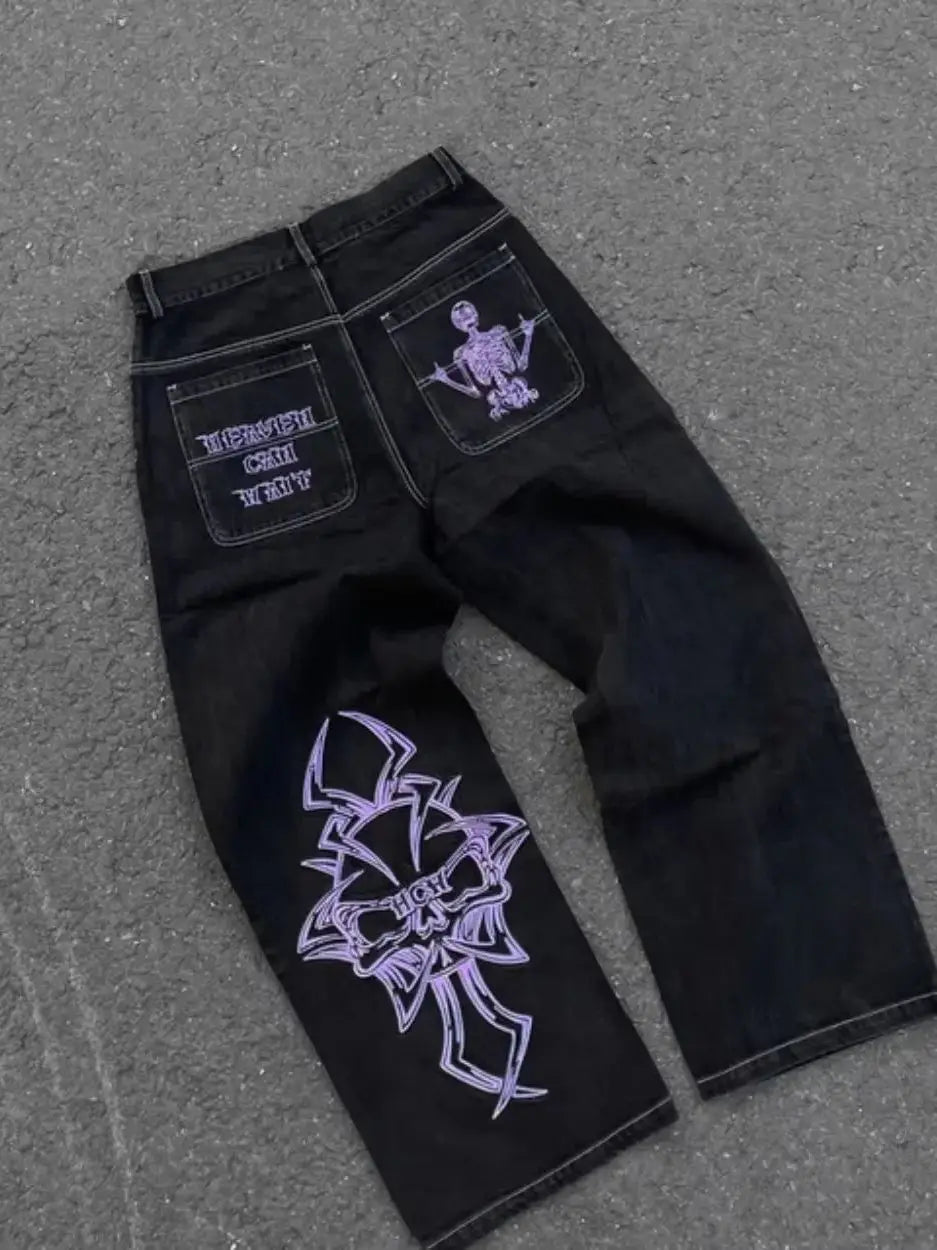 Y2K Jeans Men's Hip Hop Retro Skull Embroidery Washed Baggy Denim Pants New Straight Casual Loose Wide Leg Trouser Streetwear