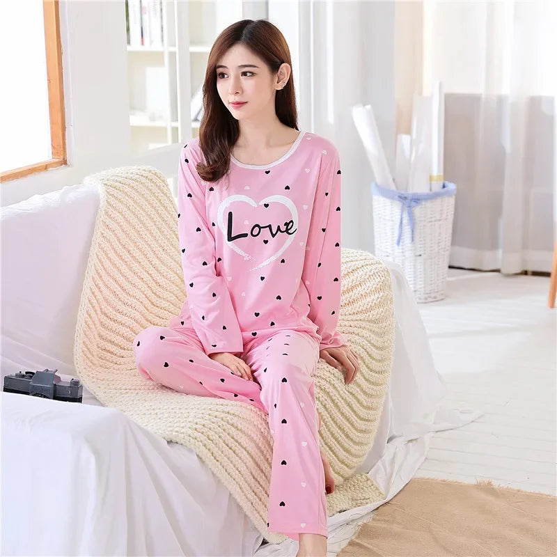 Autumn 2pieces Pyjamas Set Women Thin Sexy Sleepwear Lovely Home Suit 2025 Round Neck Girls Teacup Sleep wear Long Sleeve Pajama