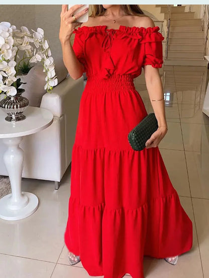 Summer Boho Red Dress Fashion Short Sleeve Beach Long Dress Casual Loose Elegant Holiday Party Dresses For Women Robe Femme 2025
