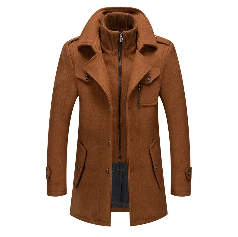 2026 Men's Woolen Coat Middle-aged Double Collar Autumn And Winter Warm Fashion Slim-fitting Woolen Men's Coat Pocket
