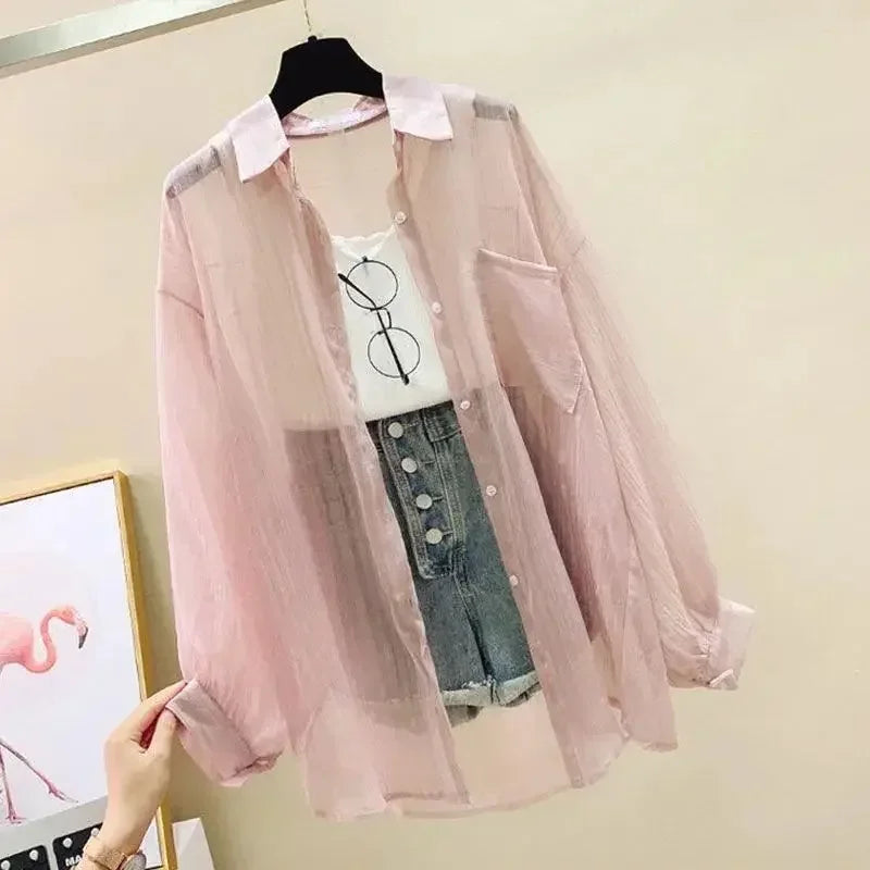 Shirts Women Sheer Thin Chic Summer Simple Solid Sun-proof Temper Fashion Baggy All-match Basic Korean Style Clothes