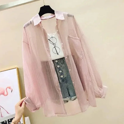 Shirts Women Sheer Thin Chic Summer Simple Solid Sun-proof Temper Fashion Baggy All-match Basic Korean Style Clothes