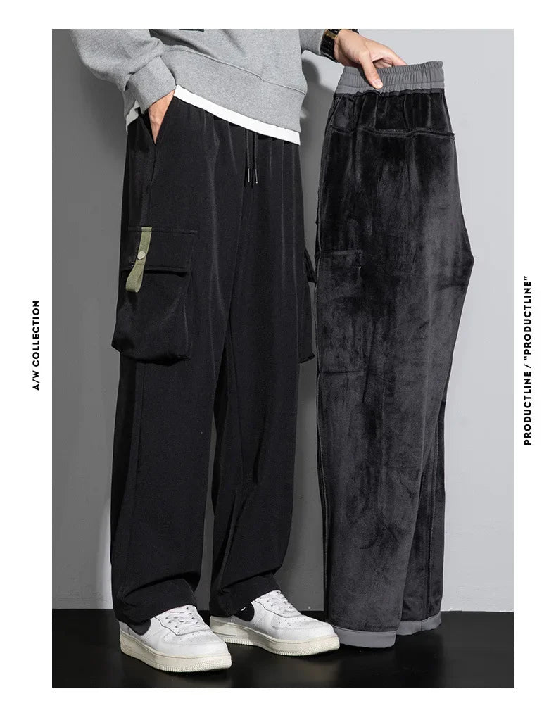 2025 Cargo Pants Men Straight Fit Wide Leg Fleece Lined Trouser Male Winter Fashion Loose Baggy Large Plus Size Warm Streetwear