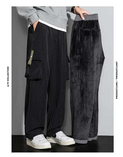 2025 Cargo Pants Men Straight Fit Wide Leg Fleece Lined Trouser Male Winter Fashion Loose Baggy Large Plus Size Warm Streetwear